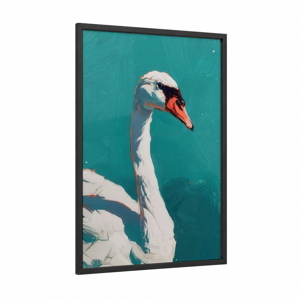 Graceful Swan Portrait framed art print — black wood frame — turquoise and white palette