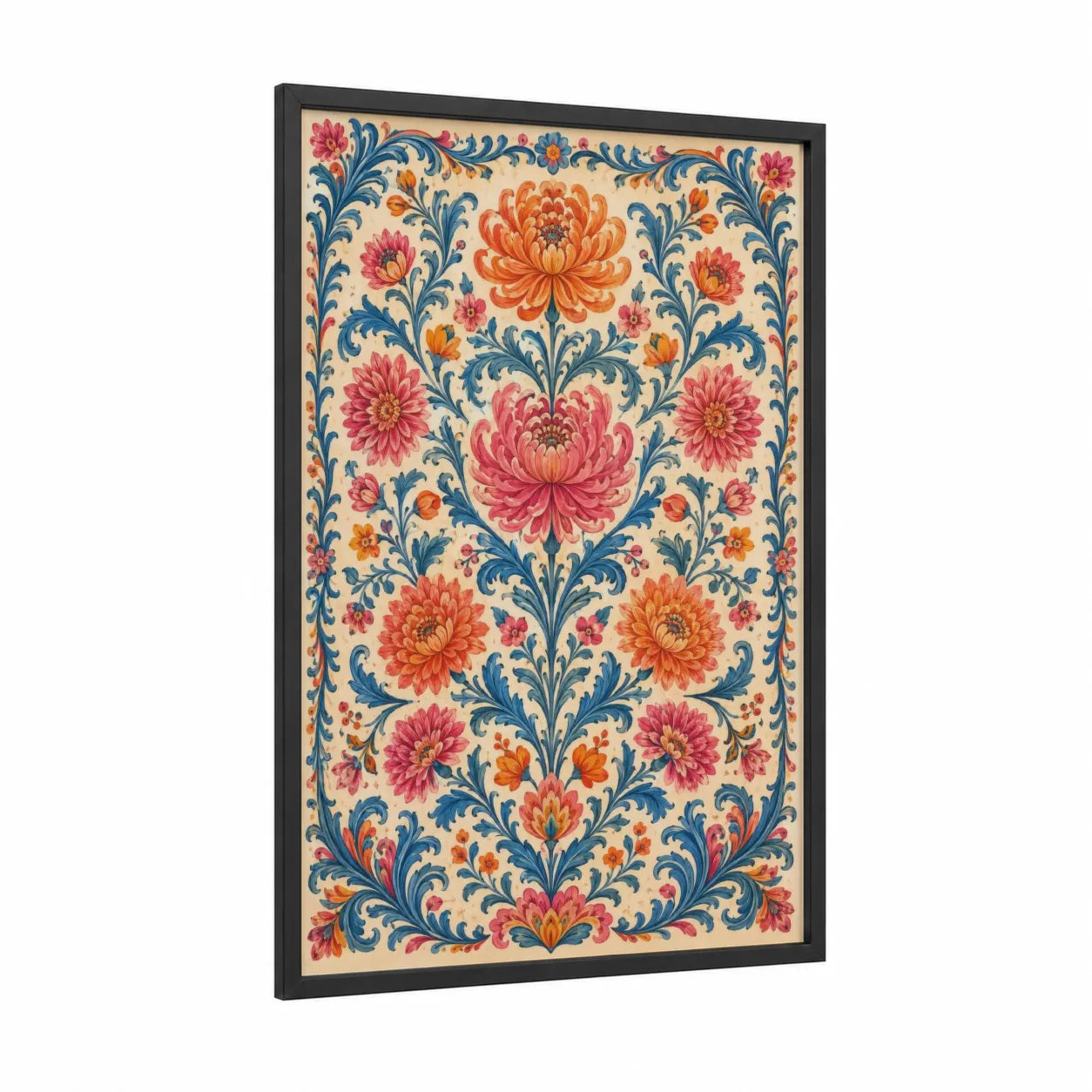 Ornate Floral Damask Wall Art framed flower print — black wood frame — pink and orange palette