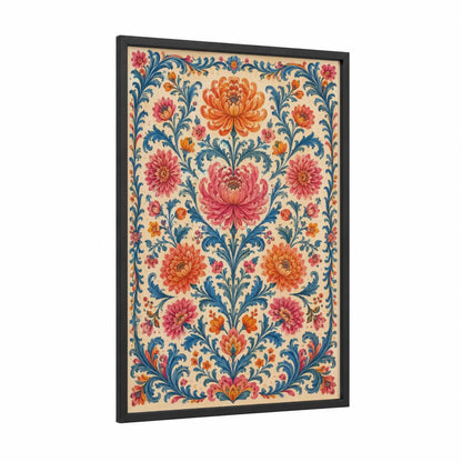 Ornate Floral Damask Wall Art framed flower print — black wood frame — pink and orange palette