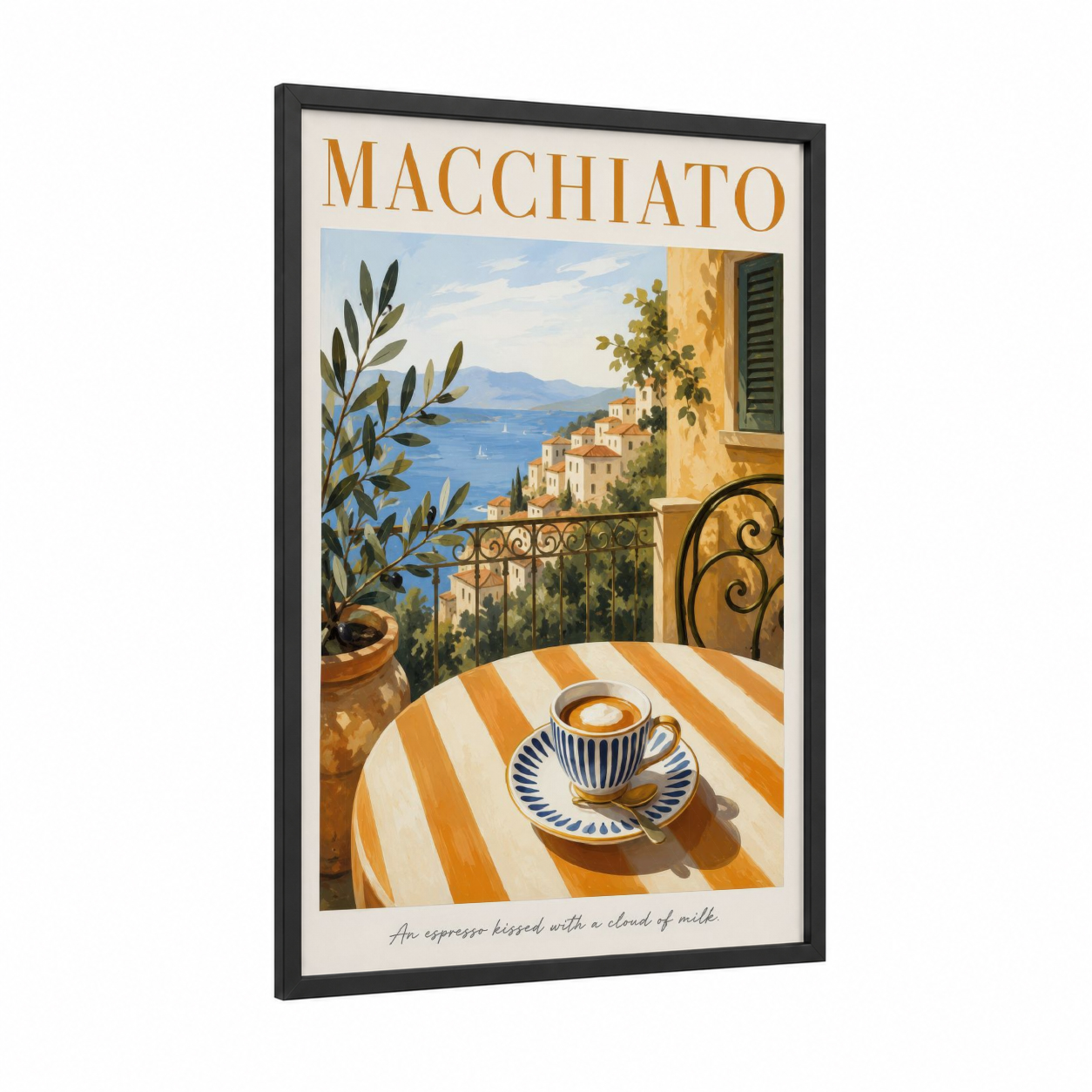 Mediterranean Coastal Coffee View Wall Art framed art print — black wood frame — gold and blue palette