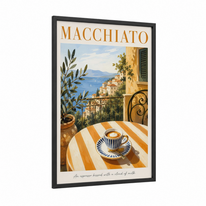 Mediterranean Coastal Coffee View Wall Art framed art print — black wood frame — gold and blue palette