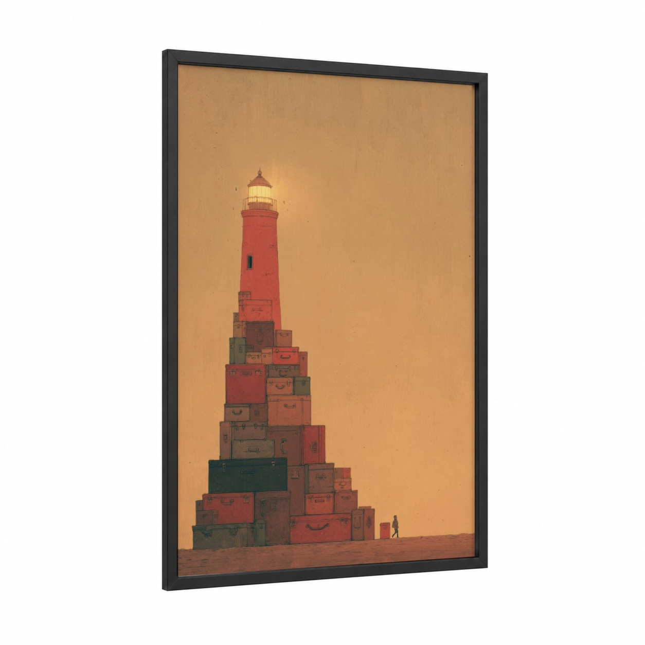 Stacked Lighthouse framed art print — black wood frame — gold and russet palette