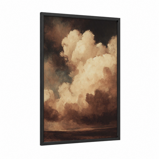 Dramatic Storm Clouds framed art print — black wood frame — cream and espresso palette