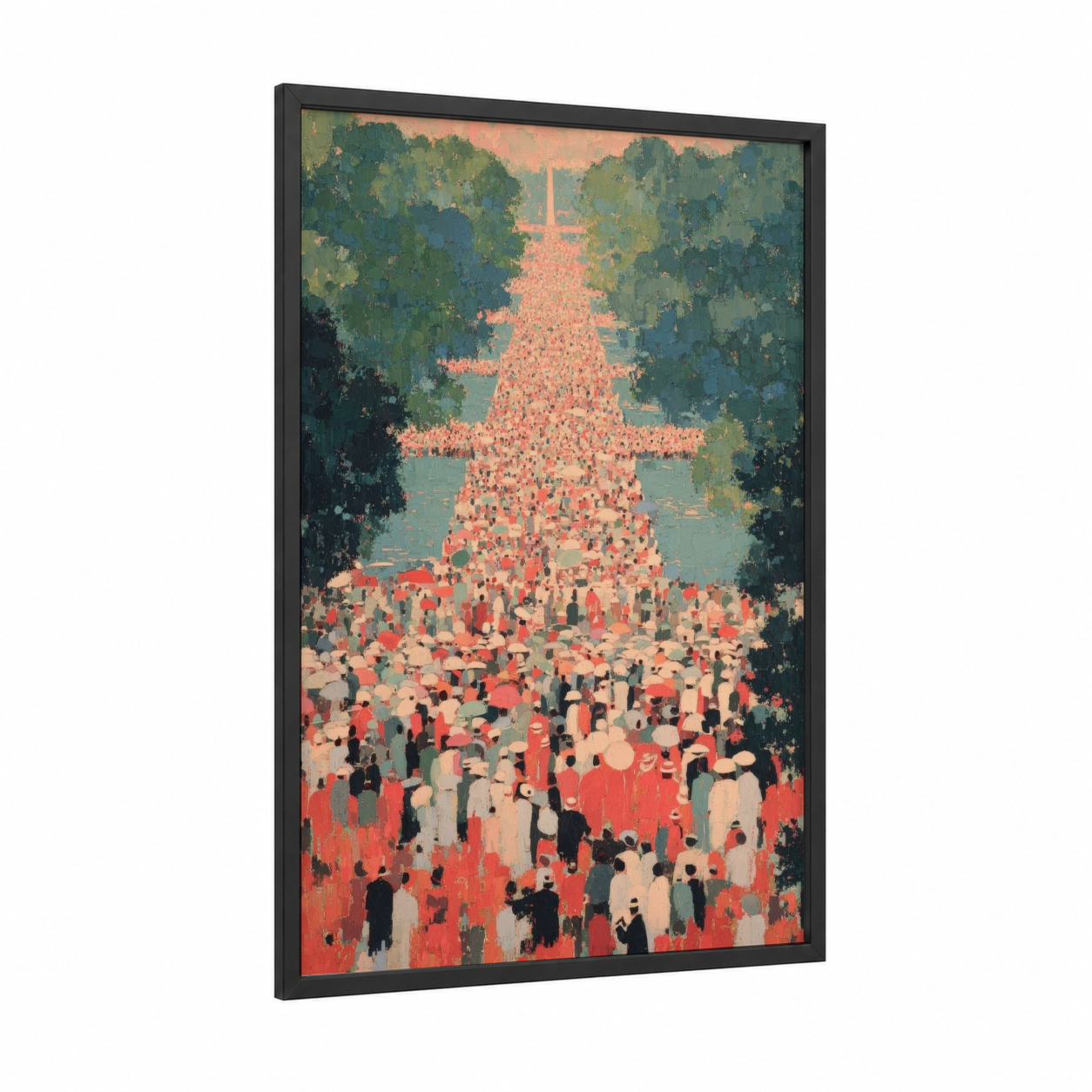 March Congregation framed martin luther king jr day print — black wood frame — salmon pink and dark green palette
