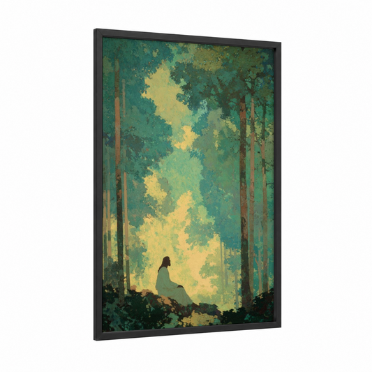 Forest Contemplation framed christian symbols print — black wood frame — teal and yellow gold palette