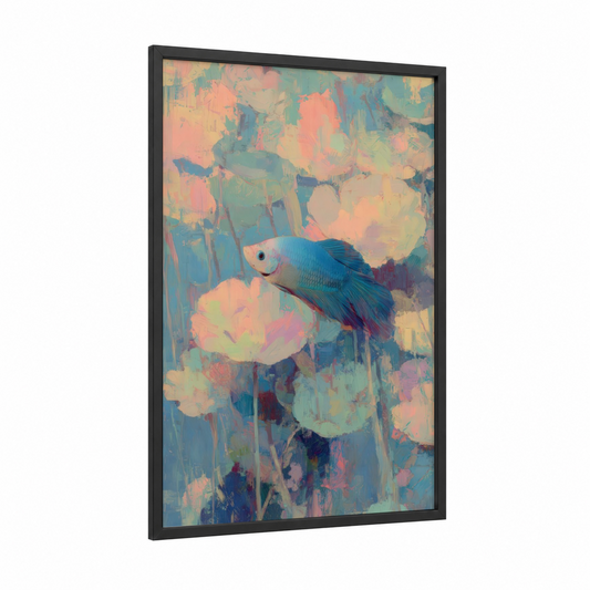Blue Betta Dream framed betta fish print — black wood frame — blue and peach palette
