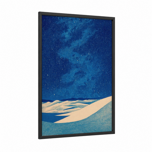 Desert Night Sky framed islam print — black wood frame — dark blue and beige palette