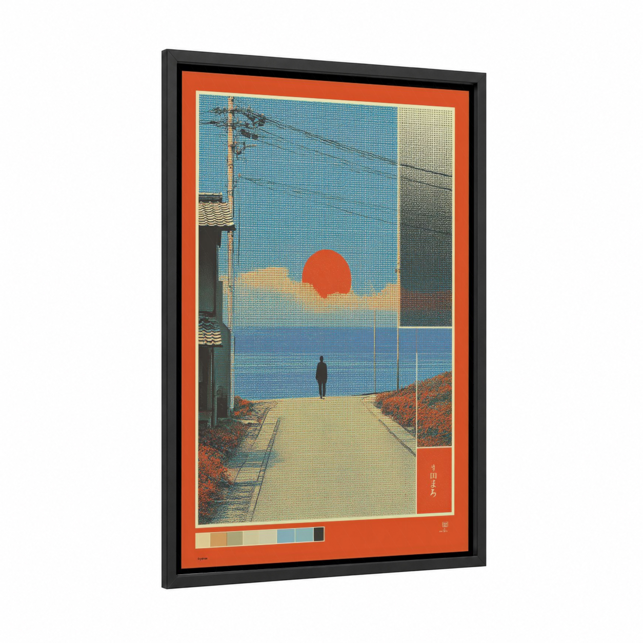 Sunset Contemplation framed japanese y2k print — black wood frame — orange and blue palette