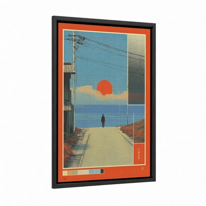 Sunset Contemplation framed japanese y2k print — black wood frame — orange and blue palette