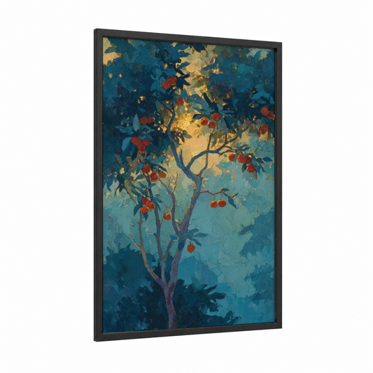 Golden Arbutus framed arbutus tree print — black wood frame — teal and gold palette