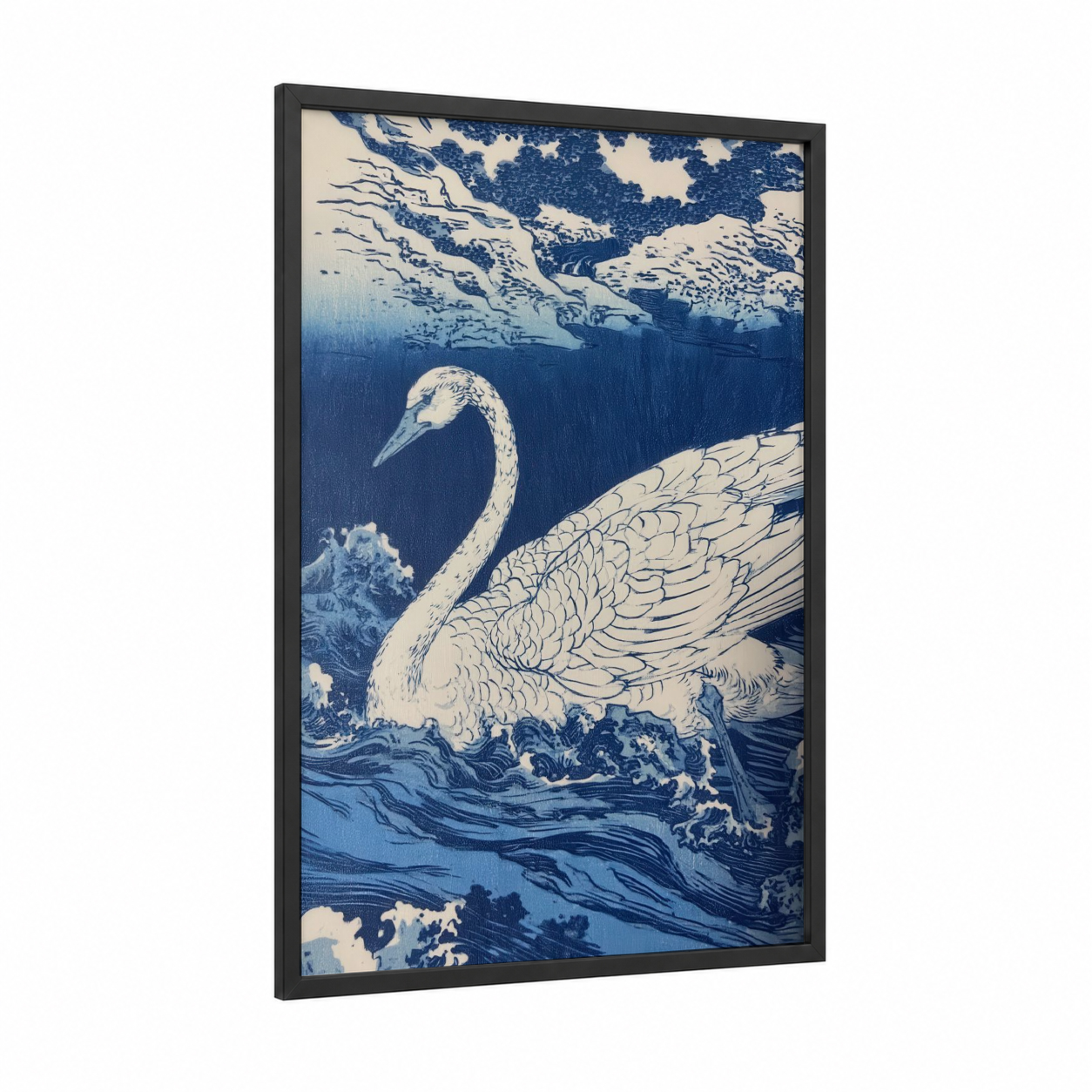 Serene Swan framed art print — black wood frame — blue and white palette