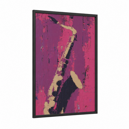 Pink Saxophonist framed saxophone print — black wood frame — magenta and cream palette