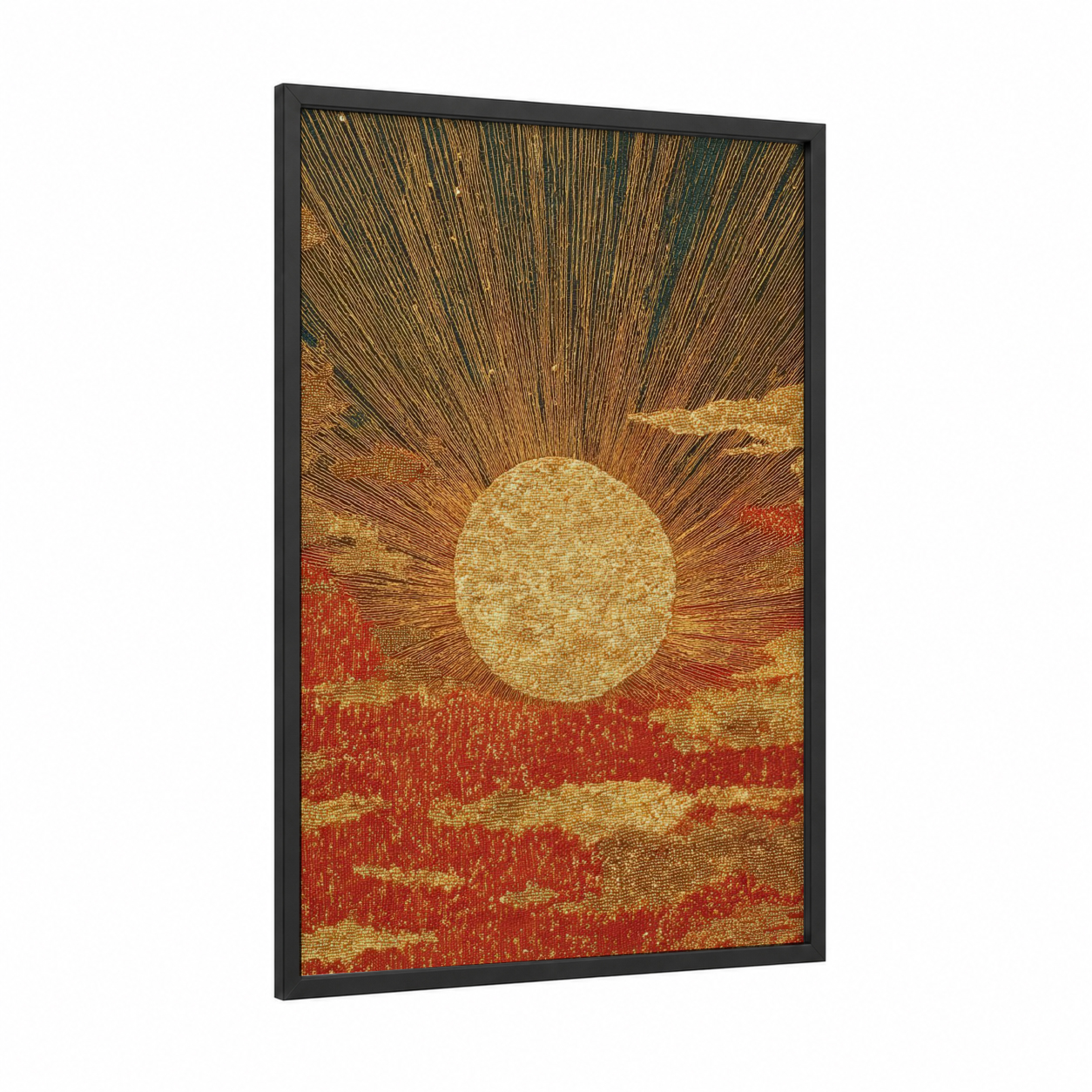 Golden Sun Rise framed solar system print — black wood frame — gold and red palette