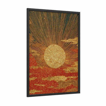Golden Sun Rise framed solar system print — black wood frame — gold and red palette