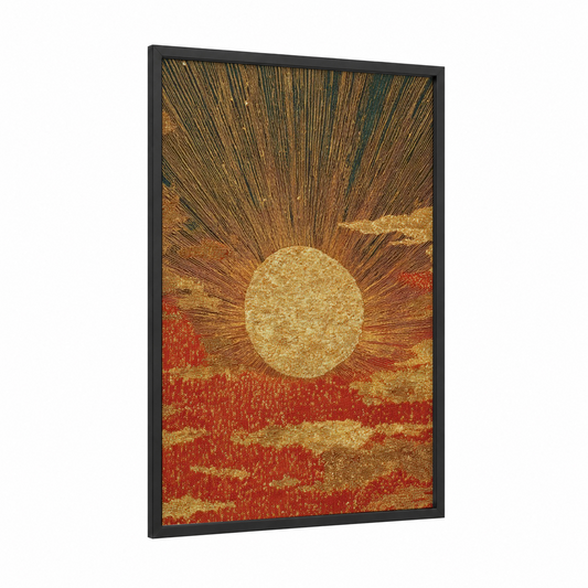Golden Sun Rise framed solar system print — black wood frame — gold and red palette