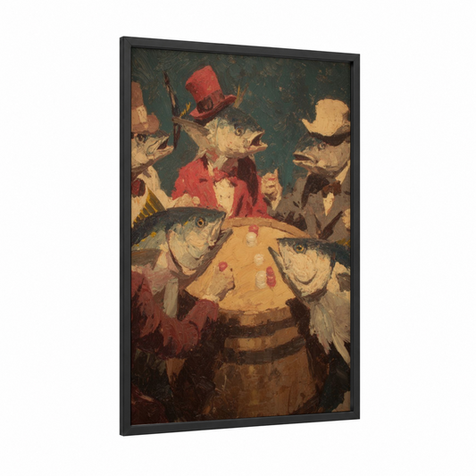 Fancy Tuna Orchestra framed art print — black wood frame — red and dark green palette