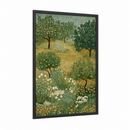 Orchard Meadow framed green field print — black wood frame — true green and yellow gold palette