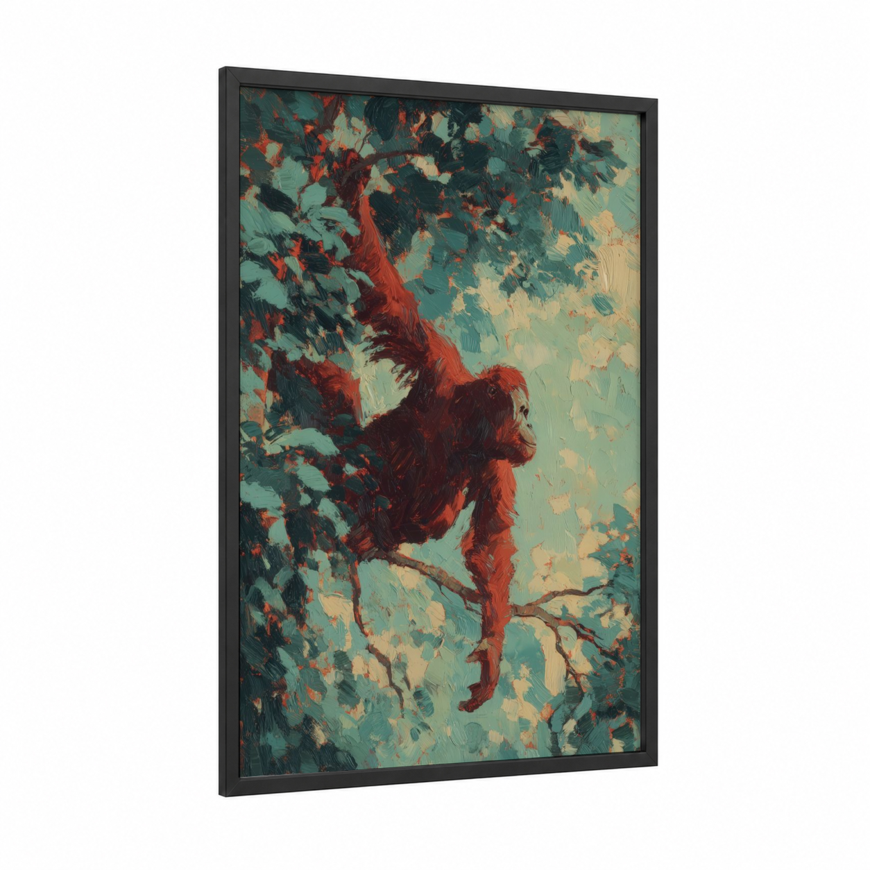 Crimson Orangutan framed art print — black wood frame — red and teal palette