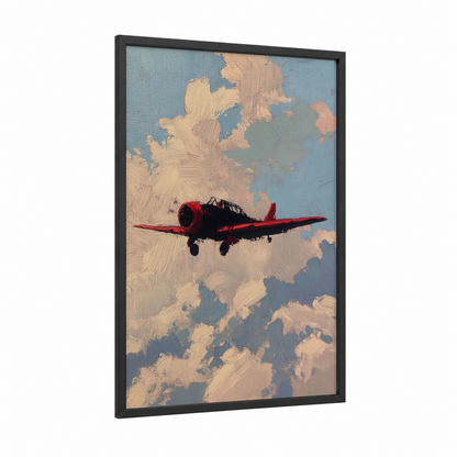 Red Vintage Plane framed vintage airplane print — black wood frame — blue and red palette
