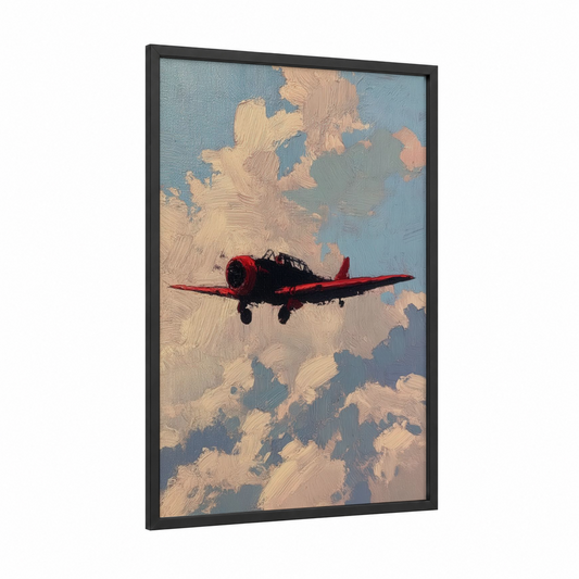 Red Vintage Plane framed vintage airplane print — black wood frame — blue and red palette