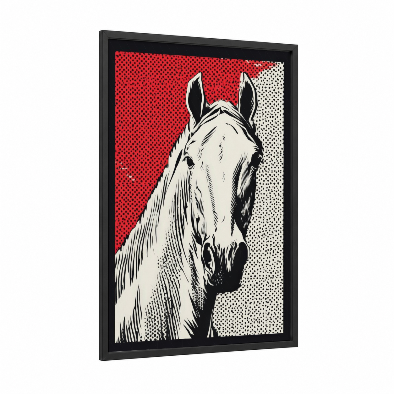 Noble Andalusian framed andalusian horse print — black wood frame — red and black and white palette