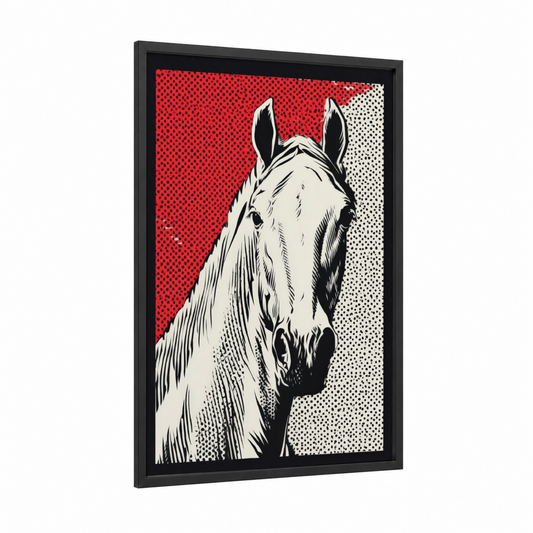 Noble Andalusian framed andalusian horse print — black wood frame — red and black and white palette