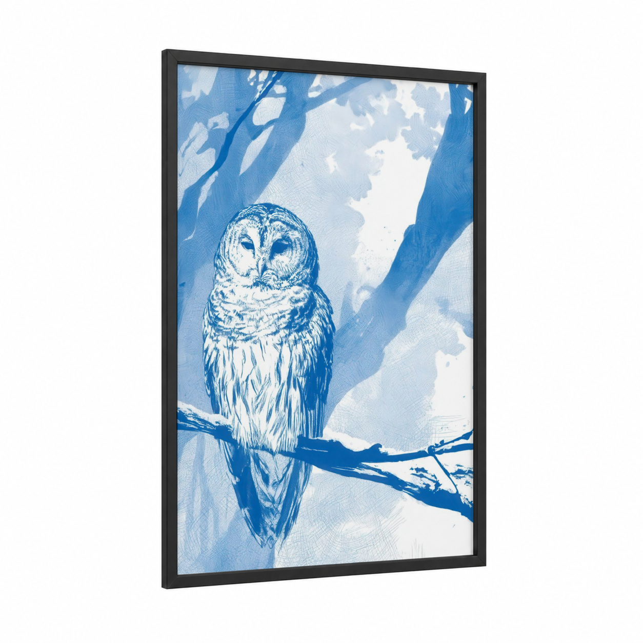 Barred Owl Winter framed art print — black wood frame — blue and white palette