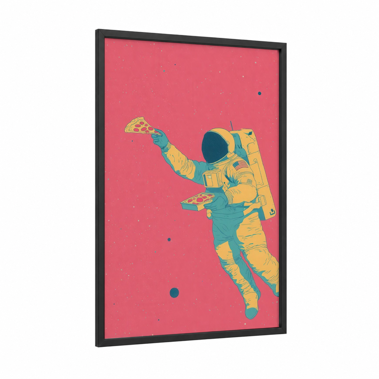 Pizza Astronaut framed art print — black wood frame — pink and yellow gold palette