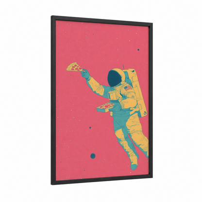 Pizza Astronaut framed art print — black wood frame — pink and yellow gold palette