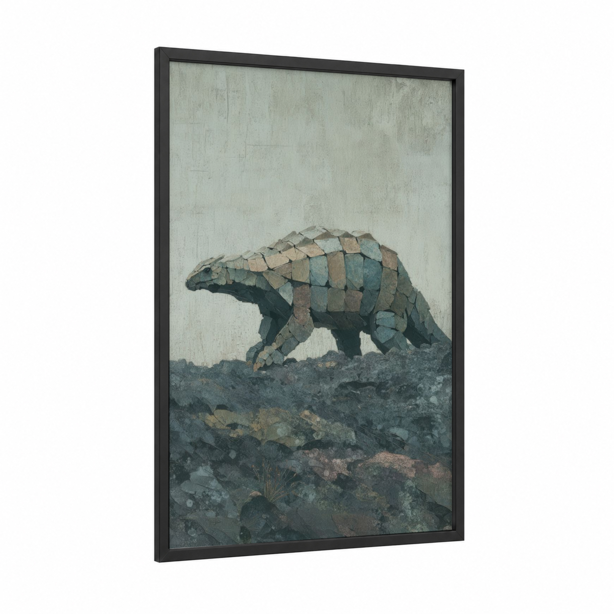 Stone Dinosaur framed art print — black wood frame — teal and gray palette