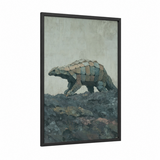 Stone Dinosaur framed art print — black wood frame — teal and gray palette