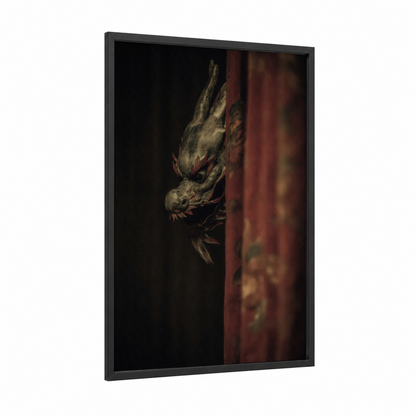 Shadowed Dragon framed art print — black wood frame — black and russet palette