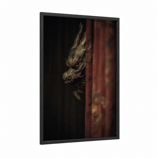 Shadowed Dragon framed art print — black wood frame — black and russet palette