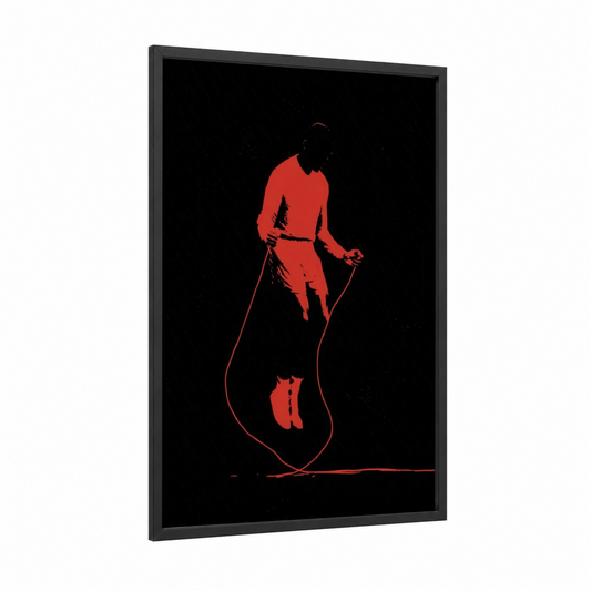 Red Boxer Silhouette framed boxing print — black wood frame — red and black palette