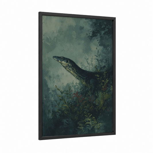 Aquatic Lizard framed art print — black wood frame — dark green and dove gray palette