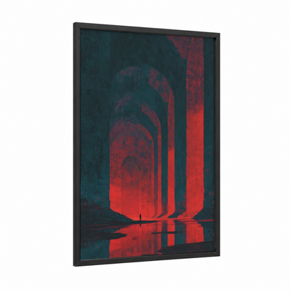 Crimson Cellar framed wineries and cellars print — black wood frame — dark blue and red palette