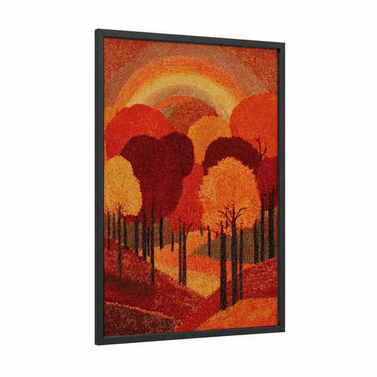 Autumn Rainbow Landscape framed art print — black wood frame — red and orange palette