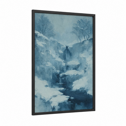 Frozen Waterfall Canyon framed art print — black wood frame — blue and white palette