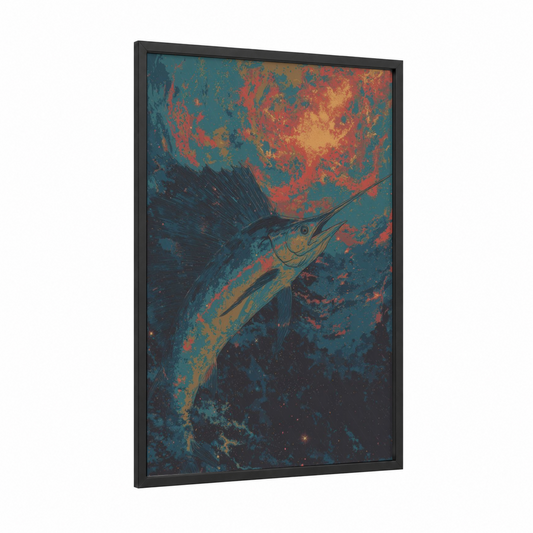 Crimson Sailfish framed art print — black wood frame — teal and red palette