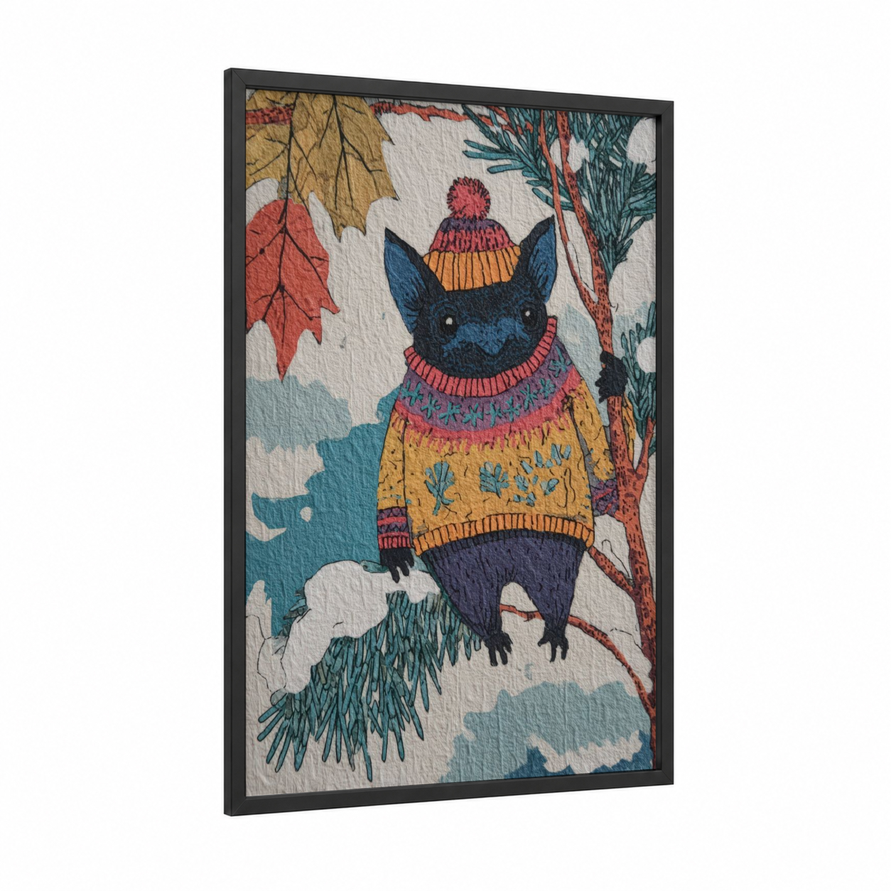 Cozy Winter Bat framed art print — black wood frame — gold and teal palette