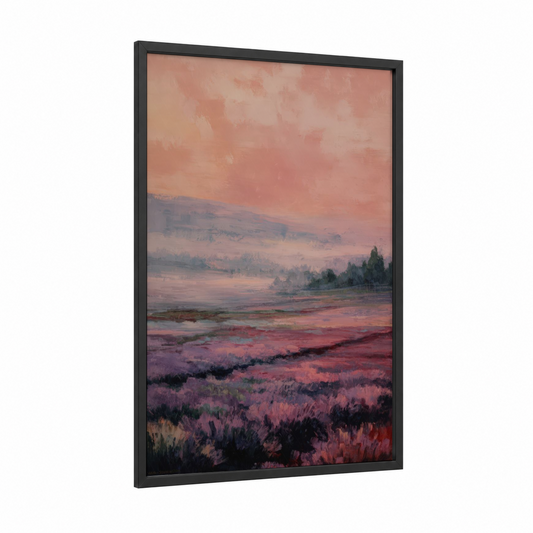Misty Dawn Field framed art print — black wood frame — salmon pink and lavender palette