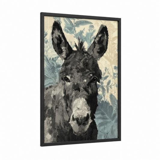 Botanical Donkey framed art print — black wood frame — black and white and sage green palette