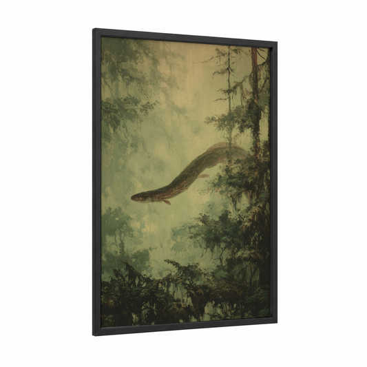 Misty Eel framed eels print — black wood frame — sage green and cream palette