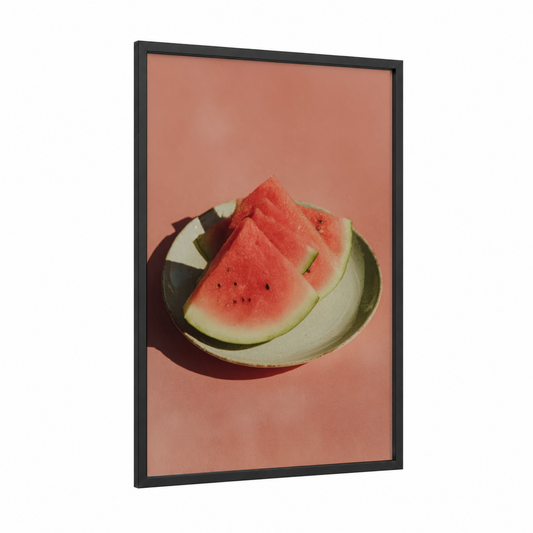 Summer Watermelon Slices framed fruit print — black wood frame — salmon pink and light green palette