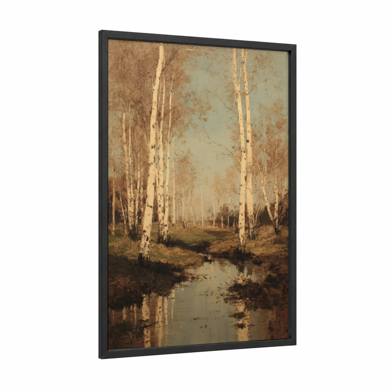 Serene Birch Stream framed birch forest print — black wood frame — cream and sage green palette