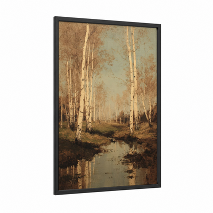 Serene Birch Stream framed birch forest print — black wood frame — cream and sage green palette
