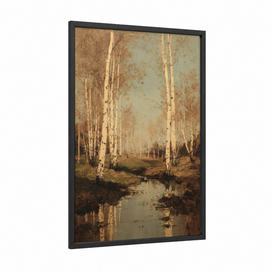 Serene Birch Stream framed birch forest print — black wood frame — cream and sage green palette