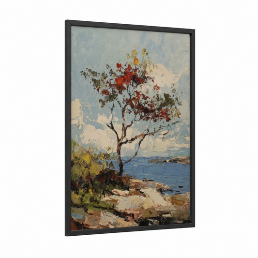 Coastal Arbutus framed arbutus tree print — black wood frame — cream and blue palette