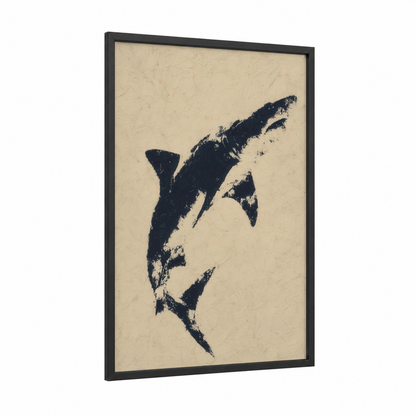 Diving Bull Shark framed art print — black wood frame — cream palette