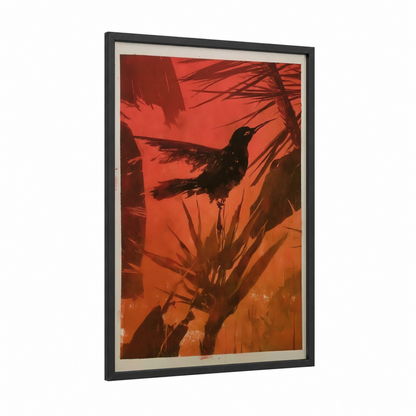 Sunset Hummingbird framed art print — black wood frame — red and orange palette